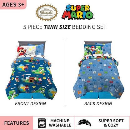 Super Mario Bros Kids Bedding Super Soft Cozy Reversible Comforter and Sheet Set with Sham, 5 Piece Twin Size Nintendo Gamer Bed Set, (100% Officially Licensed Product) by Franco
