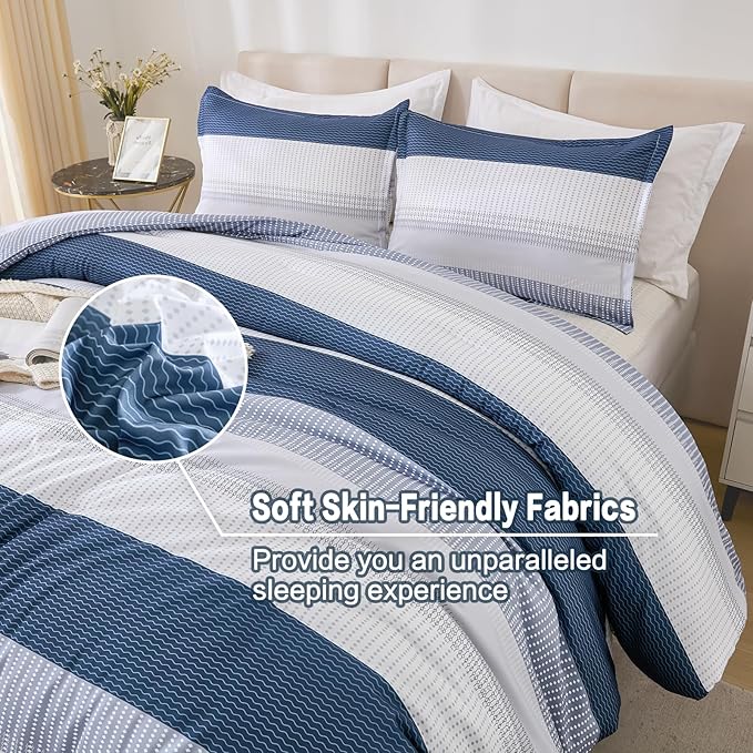 Litanika Mineral Blue Bed Comforter Set Twin Size, 2 Pieces Lightweight Striped Bedding Comforter Set, Soft All Season Down Alternative Comforter (1 Comforter, 1 Pillowcase)