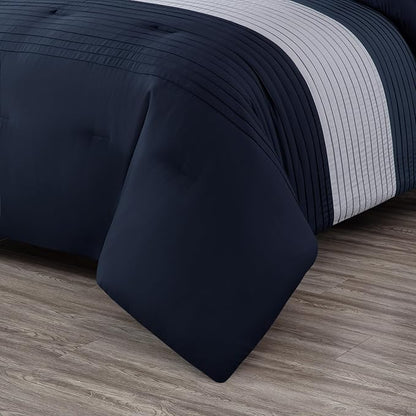 Chezmoi Collection Briar 7-Piece King Bed in a Bag - All Season Lightweight Microfiber Comforter Set - Includes Sheets & Shams - Navy/Blue/Gray Pleated Stripe Design