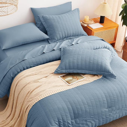CozyLux Grayish Blue Queen Comforter Set Seersucker 7 Pieces Dusty Blue Bed in a Bag Queen Comforter Set with Sheets, Luxury Bedding Set with Down Alternative Comforter, Sheets, Pillowcases & Shams