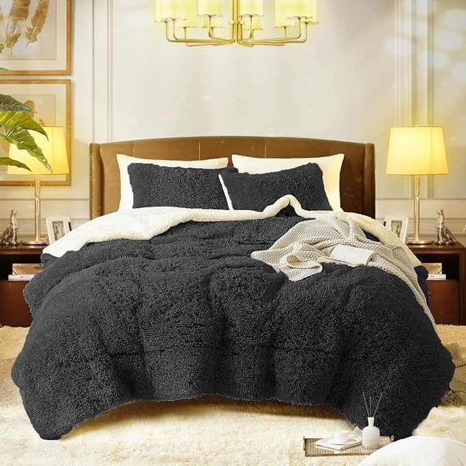 Luxury Faux Fur Full/Queen Size Winter Comforter Set Shaggy Velvet Dark Gray/Black Long Hair, 3 Pieces Plush Flannel Sherpa Backing Reversible Soft Microfiber Super Warm Bedding Set for Holiday