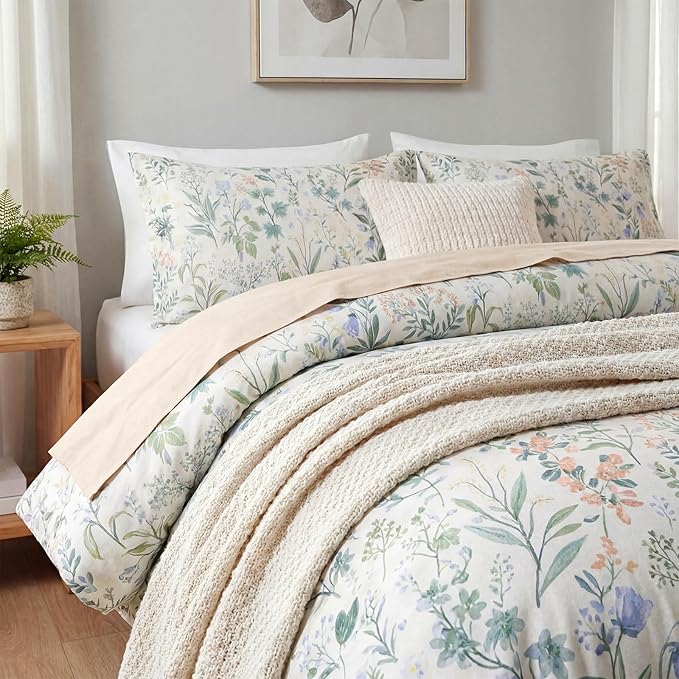 Green Floral Comforter Set Queen Size 100% Cotton Comforter 3 Pieces Soft Lightweight Reversible Retro Floral Bedding Sets for All Season
