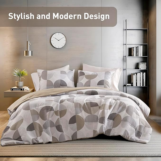 Stylish Three-Tone Printed King Size Comforter Set, 3 Pieces Ultra-Soft Microfiber Bedding Set, Warm and Cozy Comforter for All Seasons, Beige Grey
