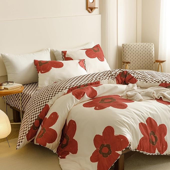 CLOTHKNOW Rust Sunflower Queen Comforter Set 3Pcs Floral Bedding Comforter Sets Brown Plaid Queen Comforter Botanical Queen Size Comforter Sets