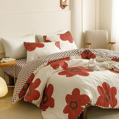 CLOTHKNOW Rust Sunflower Queen Comforter Set 3Pcs Floral Bedding Comforter Sets Brown Plaid Queen Comforter Botanical Queen Size Comforter Sets