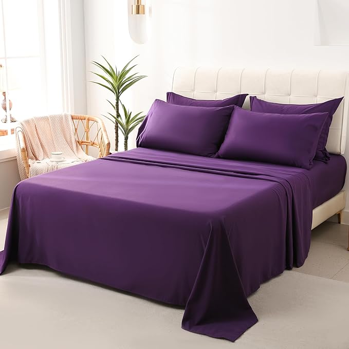 DOWNCOOL Full Size Comforter Sets, 7Pcs Full Size Bedding Sets Dark Purple, All Season Down Alternative Bedding Comforter Sets with Comforter, Flat Sheet, Fitted Sheet, 2 Pillow Shams & 2 Pillowcases