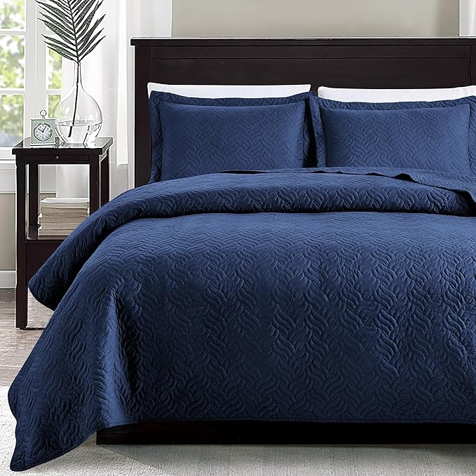 Love's cabin Twin Quilt Set Navy Blue Bedspreads - Soft Bed Summer Lightweight Bedspread Comforter - Modern Style Wave Pattern Coverlet for All Season - 2 Pieces (1 Quilt, 1 Pillow Sham)