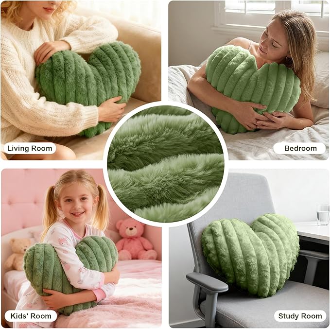 2 Pcs Sage Green Heart Throw Pillows, 16 Inch Soft Fluffy Heart-Shaped Comfort Pillows with Calming Texture, Hug Pressure for Relaxing Moments, Ideal for Sofa, Reading, and Naps (Sage Green)