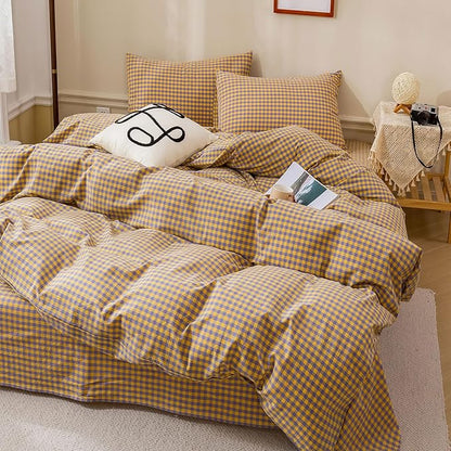 HighBuy Yellow Purple Gingham Comforter Set Full Size,Fluffy Comfortable Plaid Bedding Comforter Modern Checkered Grid Printed Comforter Set 3 Pieces,Gingham Comforter with 2 Pillowcases