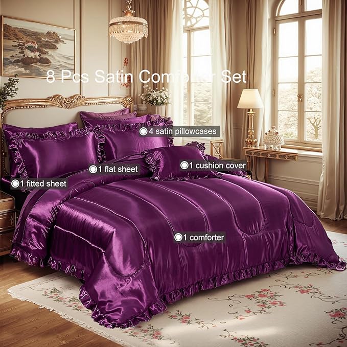 Silk Like Satin Comforter Set with Sheet Set Queen 8 Pcs Purple Satin Bedding Set Silky Ruffle Pattern Home Deocr Luxury Hotel Silky Bed in a Bag with 1 Cushion Cover