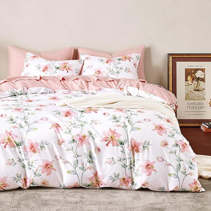 Wake In Cloud - Floral Comforter Set, Cottagecore Cottage Rustic Farmhouse Style with Botanical Flowers and Leaves Pattern, Soft Lightweight Bedding, 3-Piece, Pink White, Twin/Twin XL Size