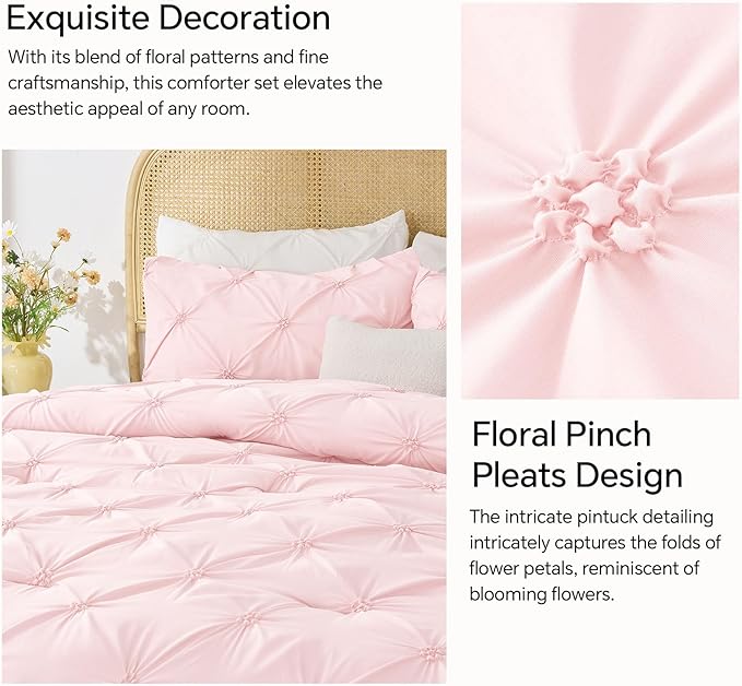 BEDELITE Baby Pink Queen Comforter Set - 3 Pieces Boho Pintuck Bedding Comforter Sets, Lightweight Soft & Warm Bed Comforter Queen with 2 Pillowcases for All Season
