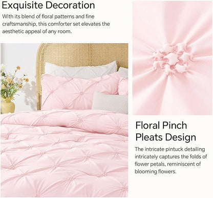 BEDELITE Baby Pink Queen Comforter Set - 3 Pieces Boho Pintuck Bedding Comforter Sets, Lightweight Soft & Warm Bed Comforter Queen with 2 Pillowcases for All Season
