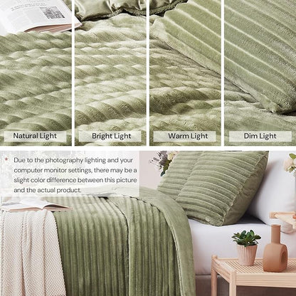 Geniospin Fleece Queen Comforter Set, Soft Fuzzy Queen Bedding Sets, 3-Pieces Green Comforter Set for All Season, Warm Fluffy Comforter with 2 Pillow Cases