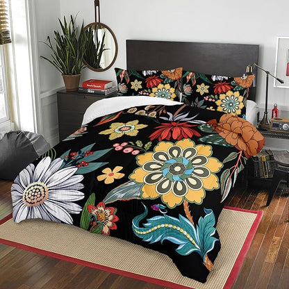 3 Pieces Colorful Floral Comforter Set,Bohemian Botanical Bedding Set Queen Size,Boho Farmhouse Flower Leaves Printed on Black Design,All Season Lightweight Soft Microfiber Bedding with 2 Pillow Shams
