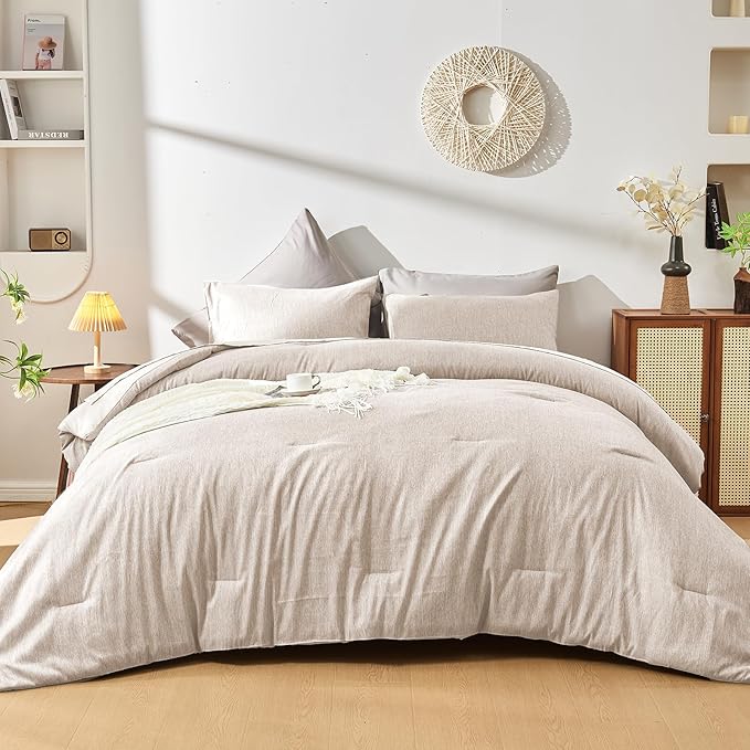DECMAY Twin Comforter Set with Sheets, 5 Pieces Twin Comforter Set, Cationic Dyeing Bed in a Bag Bedding Set with Comforter, Flat Sheet, Fitted Sheet, Pillowcase and Pillow Sham (Twin, Gream) | twin comforter set, twin bedding set, twin bed in a bag