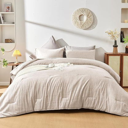 DECMAY Twin Comforter Set with Sheets, 5 Pieces Twin Comforter Set, Cationic Dyeing Bed in a Bag Bedding Set with Comforter, Flat Sheet, Fitted Sheet, Pillowcase and Pillow Sham (Twin, Gream) | twin comforter set, twin bedding set, twin bed in a bag