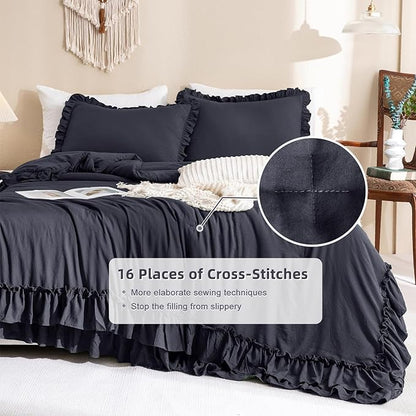 Masaca Ruffled Comforter Set King,Farmhouse Shabby Boho Chic Bedding Comforter Vintage Aesthetic Rustic Bedding 3 Pieces (1 Dark Grey Ruffle Comforter and 2 Pillowcases)
