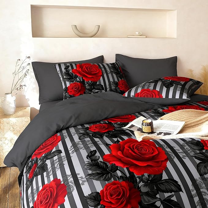 Dark Floral Comforter Set Full Size, Red Rose Soft Microfiber Bedding Set on Black Grey Stripe Background for Girls American Vintage Style Bedroom Decor, 3Pcs & 2 Pillowcases