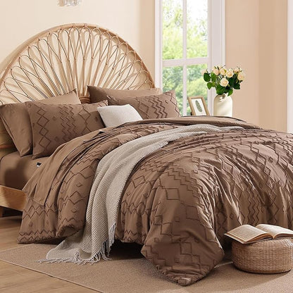 Full Size Comforter Set Brown, Tufted Geometric Boho Bedding Farmhouse Bed Set, All Season 7 Pieces Bed in a Bag with Sheets, Pillowcases & Shams