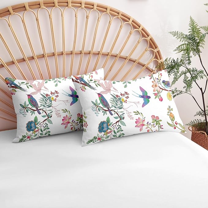 Nayoroom White Floral Comforter Set Queen Size Blue Pink Bird Flower Botanical Pattern Spring Bedding Set 3 Pieces Soft Lightweight Aesthetic Garden Comforter for All Seasons