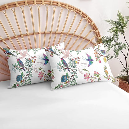 Nayoroom White Floral Comforter Set Queen Size Blue Pink Bird Flower Botanical Pattern Spring Bedding Set 3 Pieces Soft Lightweight Aesthetic Garden Comforter for All Seasons