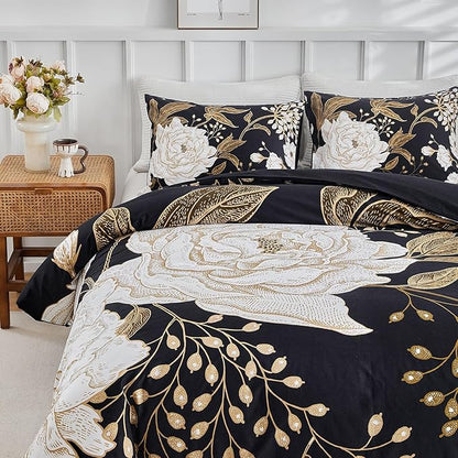 mixinni Floral Comforter Set Full Size,3 Pieces Botanical Bedding Comforter Sets, White Flowers and Gold Leaves Printed on Black, Soft Fluffy Reversible Farmhouse Boho Comforter for All Season