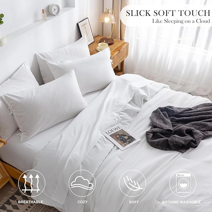 COTTEBED Super Soft King Size Comforter Set with Sheets - 7 Pieces KING BED IN A BAG Modern Farmhouse Hotel PolyCotton Down Comforter and Bedding Sheet Set Pillow Sham Lightweight All Season Use White