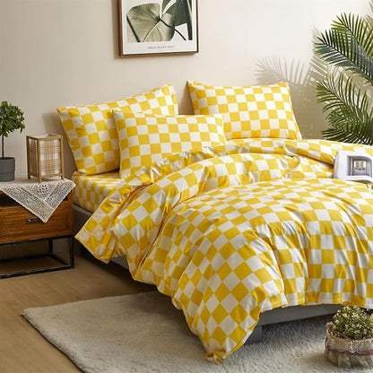 Houseri Yellow White Plaid Comforter Sets Twin Size Girls Boys Kids Light Yellow Checkerboard Dorm Bed Comforters Twin Bright Yellow Buffalo Checkered Grid Bed Quilt Soft Comfy Comforter Set Twin
