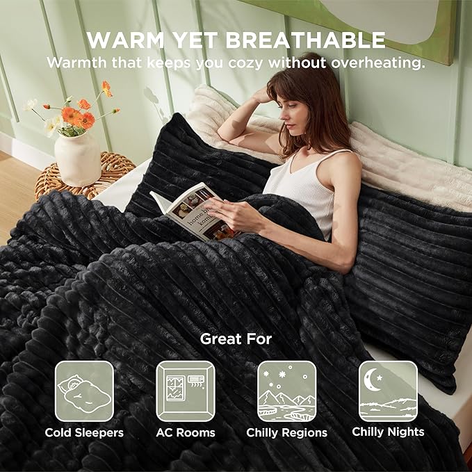 Bedsure King Size Comforter Set - GentleSoft™ 3 Pieces Fluffy Double-Side Fleece Comforter Set, Cozy Striped Room Decor Aesthetic, Luxury Black King Bedding with 2 Pillowcases, 104x90 Inches