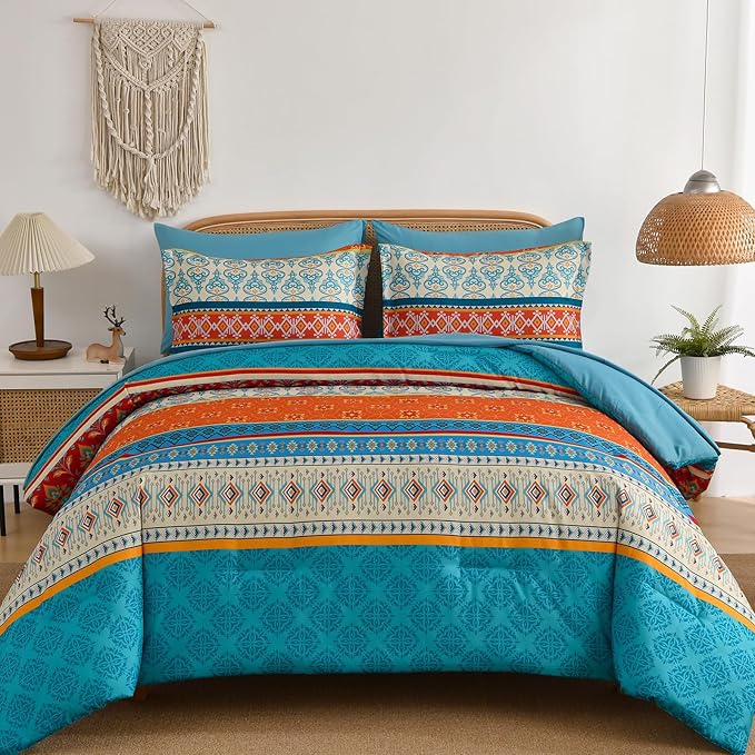 Boho Comforter Set Queen Size,7 Pieces Bohemian Comforter Bedding Set Bed in a Bag,Teal Paisley Floral Comfortet and Sheet Set,Soft Microfiber Striped Bedding Sets for All Season