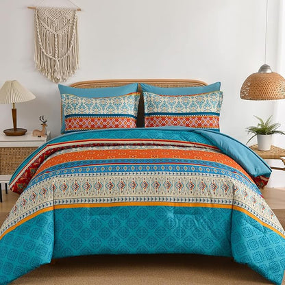 Boho Comforter Set Queen Size,7 Pieces Bohemian Comforter Bedding Set Bed in a Bag,Teal Paisley Floral Comfortet and Sheet Set,Soft Microfiber Striped Bedding Sets for All Season