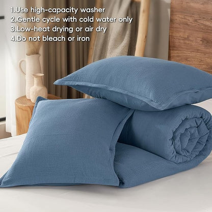 PHF Cotton Muslin Comforter Set Queen Size, Ultra Soft, Breathable & Lightweight All-Season, Filling: 100% Polyester, 3 Pieces with 1 Comforter 90"x90" and 2 Pillow Shams 20"x26", Captain's Blue