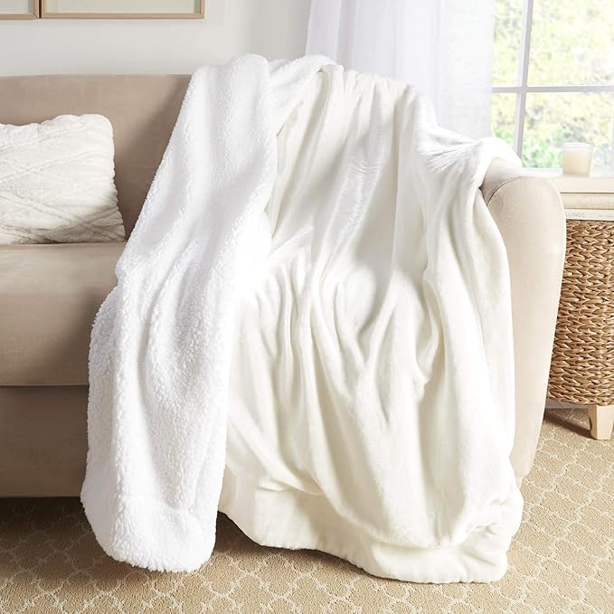 Genteele Sherpa Throw Blanket Super Soft Reversible Ultra Luxurious Plush Blanket, 60 x 70 inches, Ivory/White