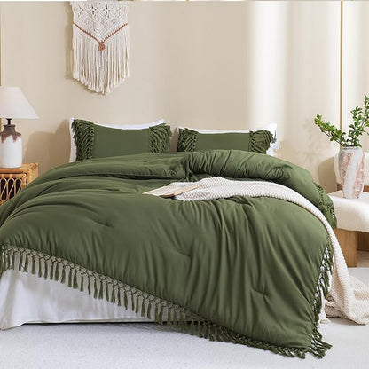 Andency Olive Green Comforter Set King, 3 Pieces Boho Tassel Lightweight Soft Bedding Comforter Sets for King Bed, All Season Fluffy Fringe Bed Set (104x90In Comforter & 2 Pillowcases)