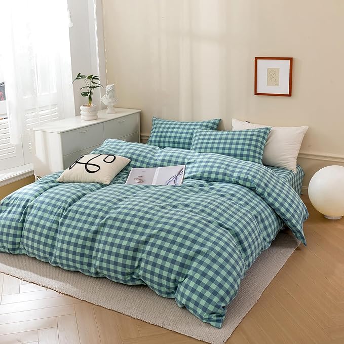 VM VOUGEMARKET Green Plaid Comforter Set Full,Washed Cotton Gingham Comforter with 2 Pillowcases for All Seasons,3 Pcs Modern Simple Grid Bedding Set for Teens