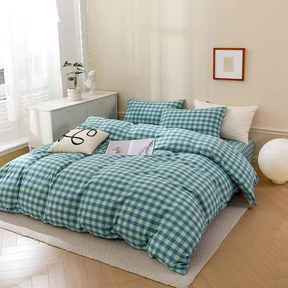 VM VOUGEMARKET Green Plaid Comforter Set Full,Washed Cotton Gingham Comforter with 2 Pillowcases for All Seasons,3 Pcs Modern Simple Grid Bedding Set for Teens