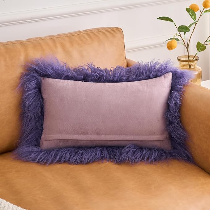 Genuine Mongolian Lamb Fur Pillow Cover – 12"x20" Rectangular Cushion Case – Soft Curly Wool Decorative Accent for Sofa, Bed, or Chair(Royal Lavender)