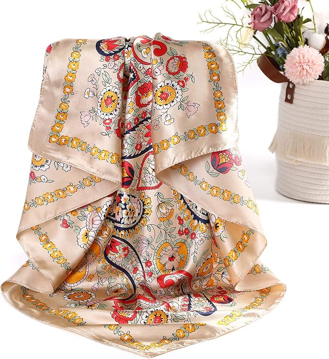AWAYTR 35” Satin Large Square Head Scarves - 4PCS Silk Like Neck Scarf Hair Sleeping Wraps Satin Silk Scarfs for Women