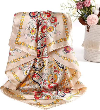 AWAYTR 35” Satin Large Square Head Scarves - 4PCS Silk Like Neck Scarf Hair Sleeping Wraps Satin Silk Scarfs for Women
