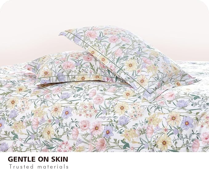SLEEPBELLA Queen Size Comforter Set Yellow & Pink & Blue Flowers Botanical Pattern Printed on White 100% Cotton Fabric, Ultra Soft Microfiber Inner Fill 3Pcs Bedding Set