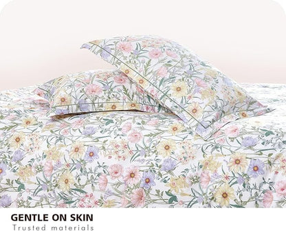 SLEEPBELLA Queen Size Comforter Set Yellow & Pink & Blue Flowers Botanical Pattern Printed on White 100% Cotton Fabric, Ultra Soft Microfiber Inner Fill 3Pcs Bedding Set