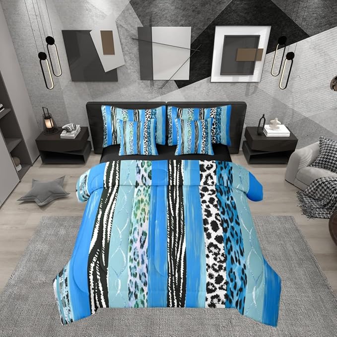 Erosebridal White Blue Animal Skin Pattern Geometric Comforter Set Queen Size 7 Pieces | Leopard Print Stripe Bed in A Bag Women Men Adults Bed Set Cheetah Fur Bedding