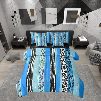 Erosebridal White Blue Animal Skin Pattern Geometric Comforter Set Queen Size 7 Pieces | Leopard Print Stripe Bed in A Bag Women Men Adults Bed Set Cheetah Fur Bedding