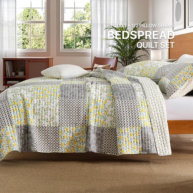 Quilt Set King Size Floral Patchwork Quilted, Soft Comforter Set Bedding Sets, Coverlet Bedspread Decorative Quilts with 2 Pillow Shams 90"x104"