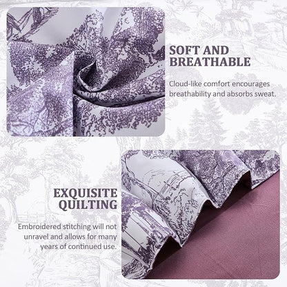 DJY Purple Comforter Set King, 7 Pieces Dark Purple Botanical Comforters King Size Elegant Plants Print with Sheets Bed in a Bag Soft Microfiber Reversible Complete Bedding Sets for All Season