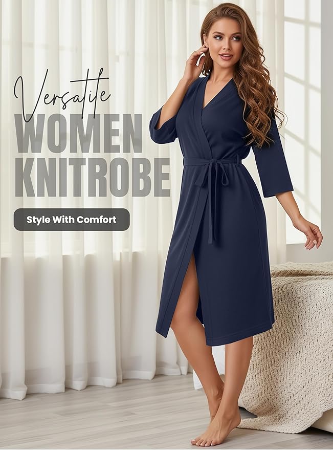 NY Threads Women's Robe Long Knit Bathrobe 3/4 Sleeves Soft Kimono Lightweight Loungewear