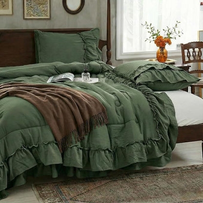 Olive Green Comforter Set King Boho Bedding Set Shabby Chic 2 Layers Ruffled Bedroom Home Decor Ultra Soft Microfiber Farmhouse Down Comforter Bohemian Quilt Set