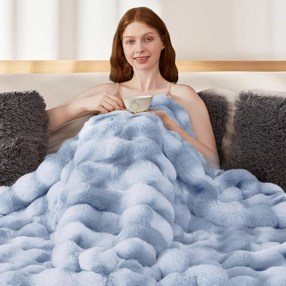 Touchat Luxury 1000GSM Faux Rabbit Fur Throw Blanket, Super Heavy Warm Cozy Grey Blankets for Couch Bed Sofa, Ruched Plush Fuzzy Elegant Soft Reversible Mink Blanket for Living Room Bedroom