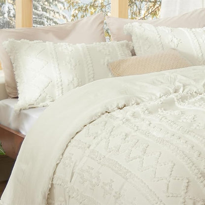 Bedsure Tufted Boho Comforter Set Twin Size - Ivory Boho Bed Set, GentleSoft™ 2 Pieces Farmhouse Shabby Chic Embroidery Bedding, Gifts for Woman, Soft Jacquard Twin Comforter for All Seasons